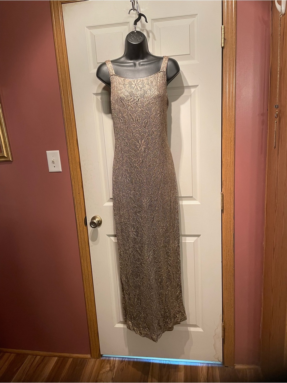 Onyx Nite Metallic Taupe Lace Maxi Dress